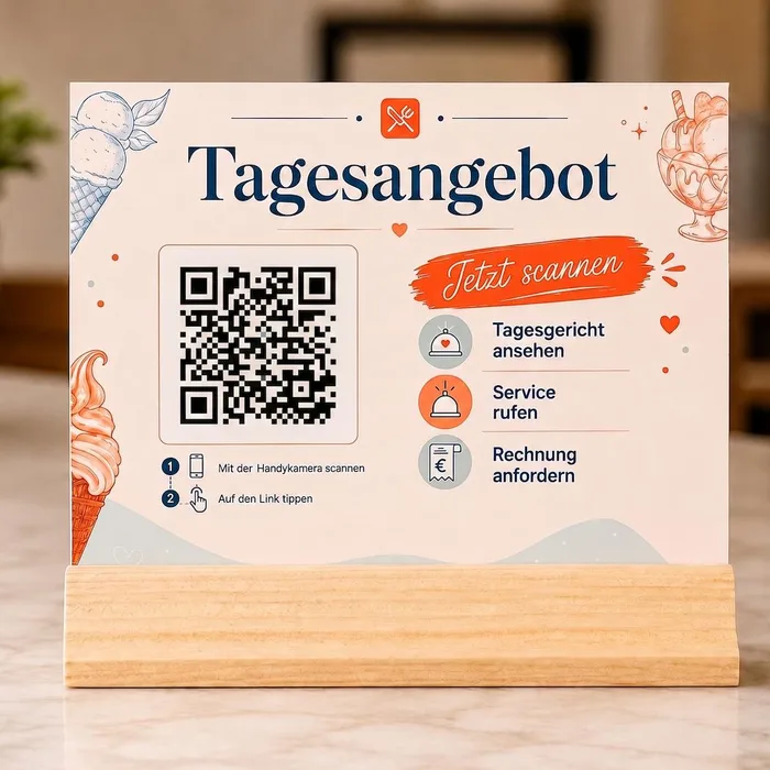Tischaufsteller mit QR-Code und Anleitung: mit der Handykamera scannen, auf den Link tippen