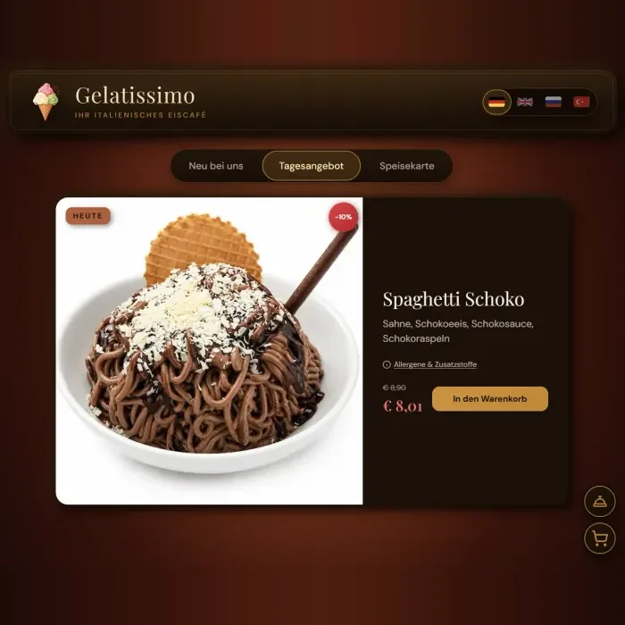Gastansicht: Tagesangebot Spaghetti Schoko mit 10 % Rabatt und Knopf In den Warenkorb, rechts unten Service-Glocke und Warenkorb